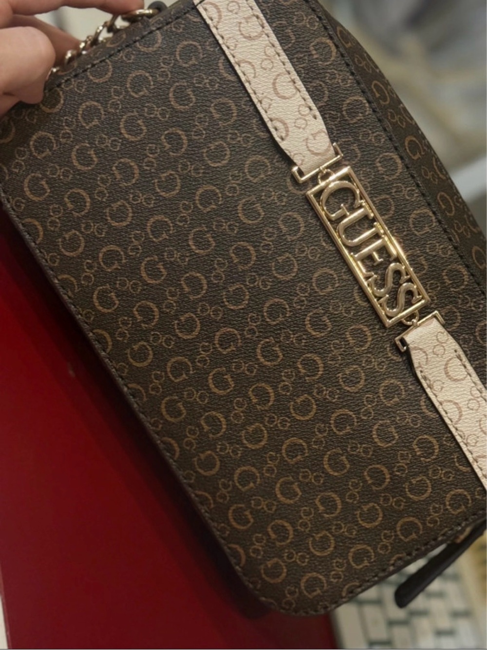 GUESS Brown Signature Mini Crossbody with Cream Accent and Gold Hardware
